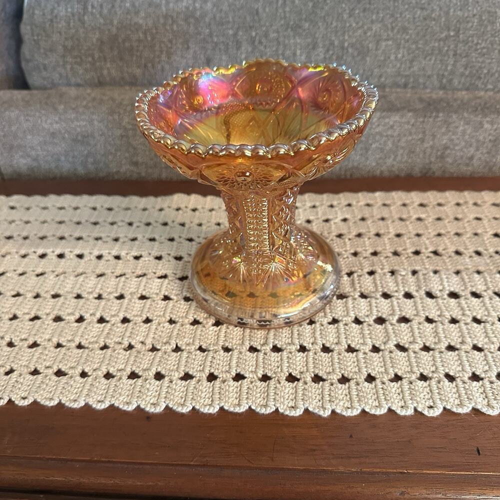 Vtg Imperial Glass Hobstar Marigold Carnival Glass Vase Punch Bowl‎ Pedestal 5"